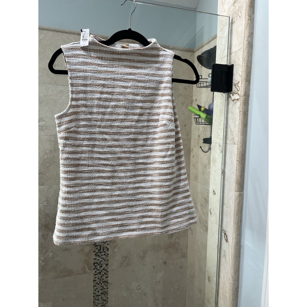 Talbots Womens Sleeveless Knit Top Button Back Textured Stripe Beige P Moc Neck